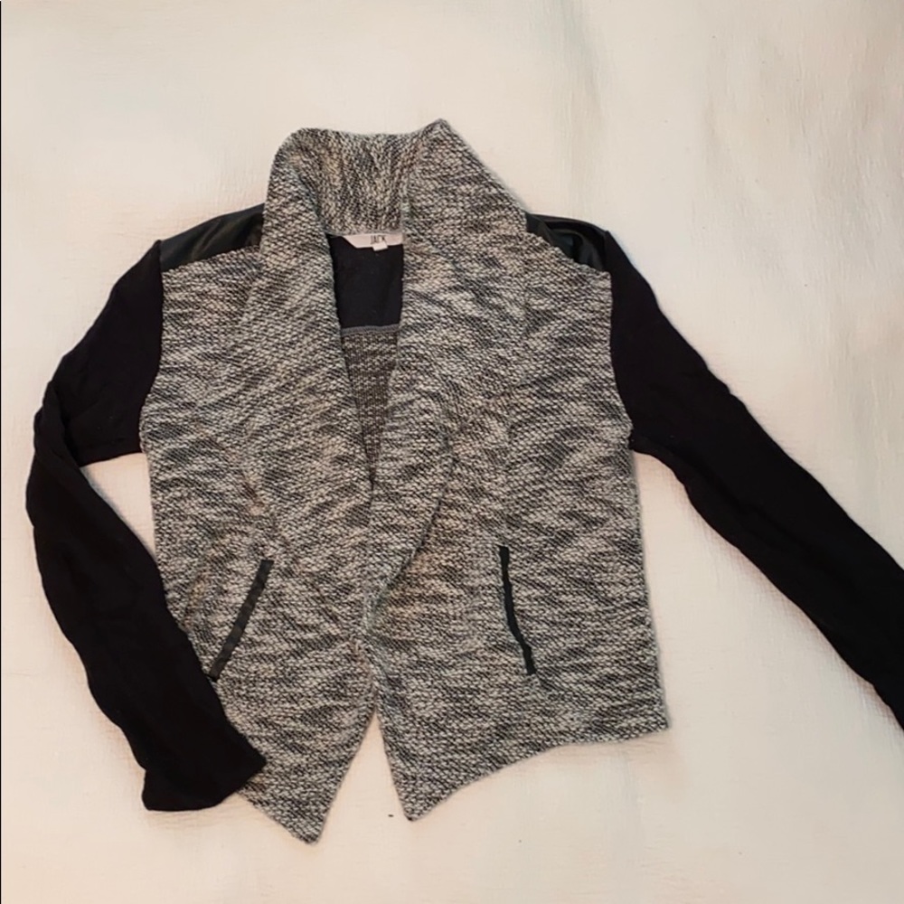 Black and white “tweed” + leather stitched blazer